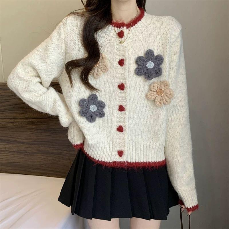 Französisches Temperament Floral Rundhals Pullover Mantel Damen Herbst Winter Lässiger Stil Kurz Gestrickte Strickjacke