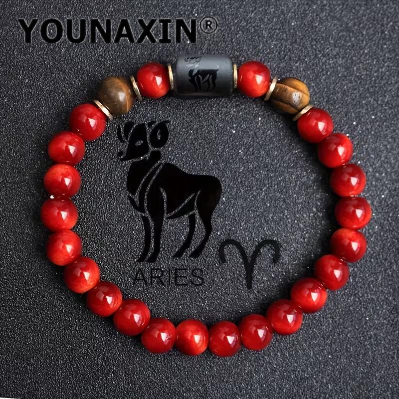 12 Zodiac Sign Red Beaded Bracelet Tiger Eye & Black Onyx Constellation Charm Bracelet Unisex Elastic Stretch Astrology Jewelry