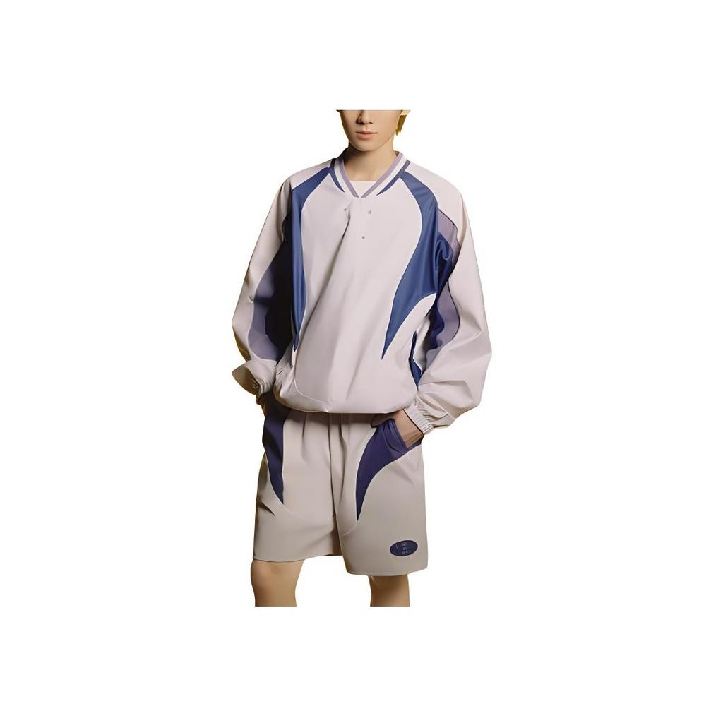 Li Ning Color Block Letter Stand Collar Pullover Sports Loose Sweatshirt Men Sweatshirt Off-White Shadow-Purple Blue ATLU035-1
