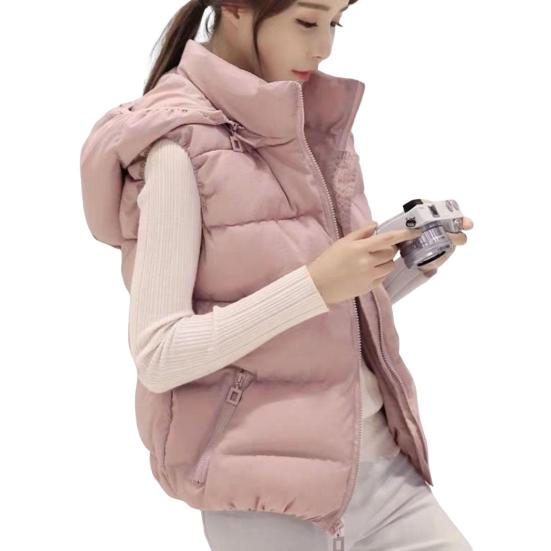 Women Winter Cotton Coat Hooded Neck Protection Thickened Padded Detachable Hood Short Type Windproof Zipper Pocket Zip-up Waistcoat