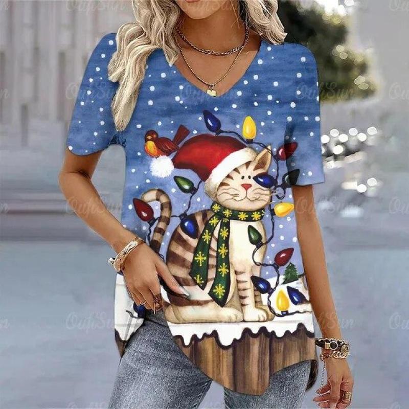 2024 neue Weihnachten Katze Gedruckt T-Shirt Für Frauen Sommer Mode Kawaii Damen Kurzarm T Shirt Tops Festival Femele Kleidung