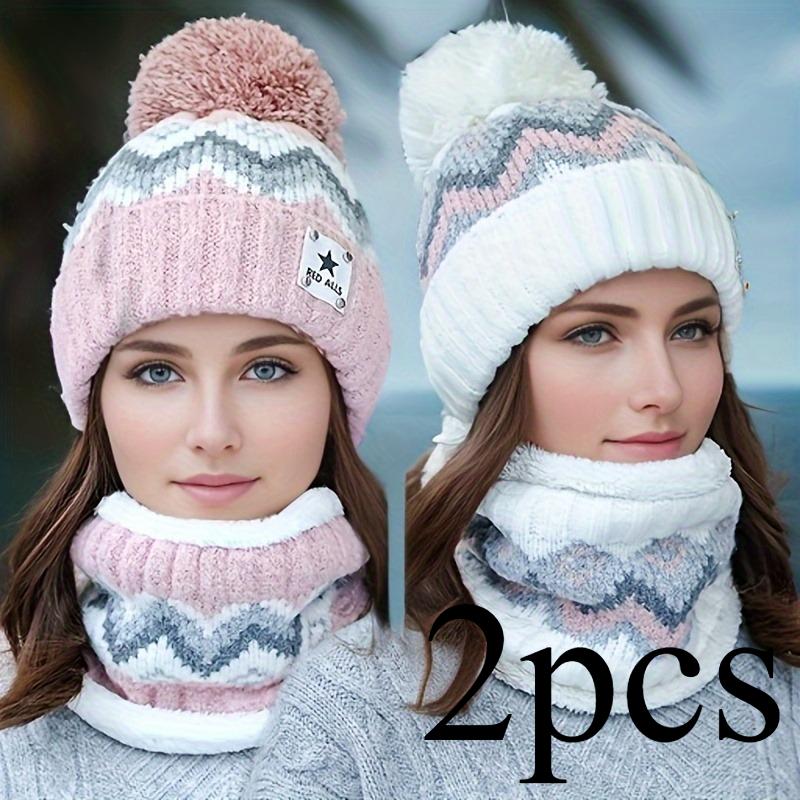 2pcs Winter Women'S Winter Hat and Scarf Set - Star Decoration Pink and White Striped Hat Soft Fleece, Elastic Stretch Fit, Comfortable Fleece Lining