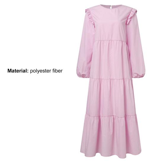 Loose Maxi Dress Large Hem Mid Waist Round Neck Long Sleeve Ruffle