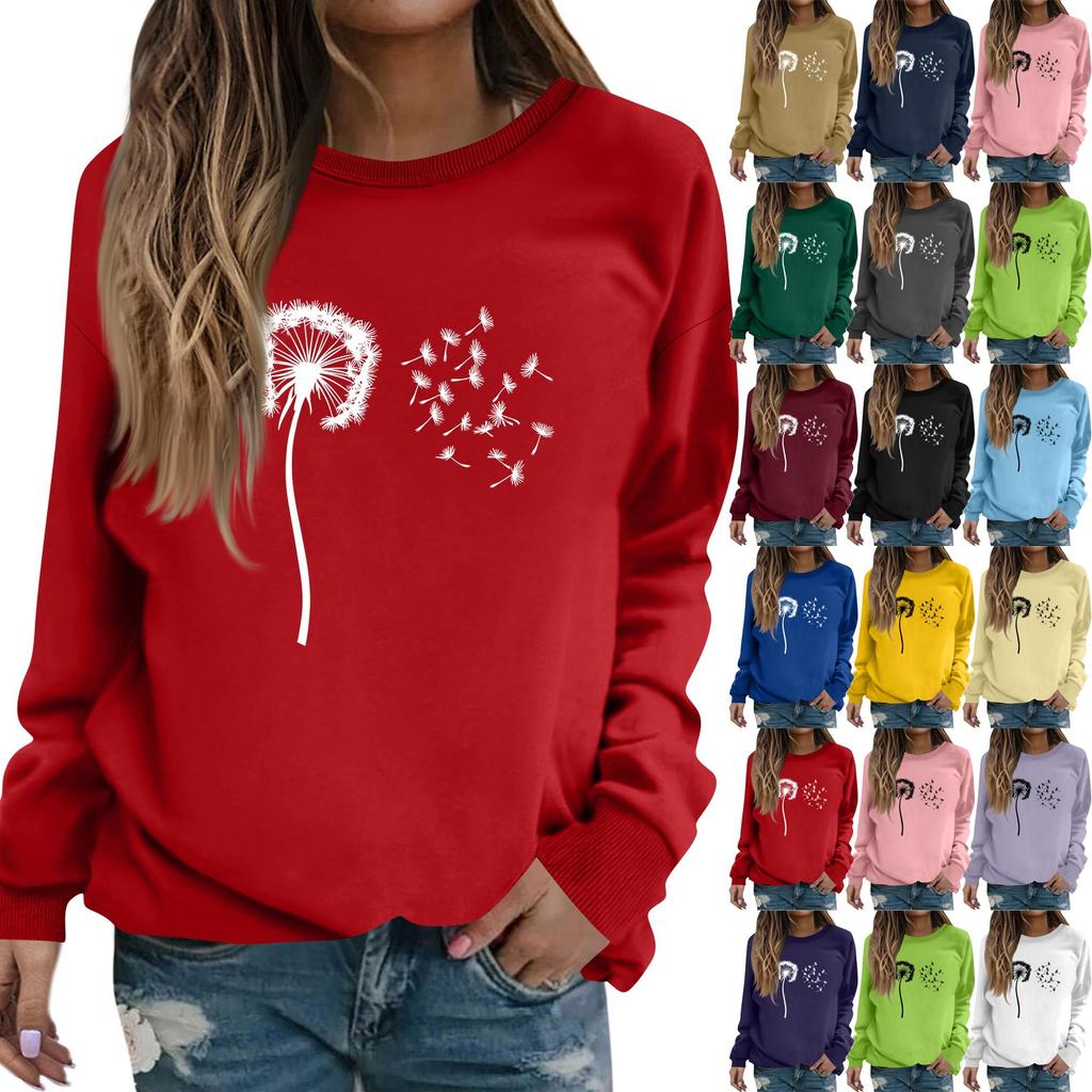 Mote for kvinner, avslappet langermet ensfarget trykket genser med rund hals