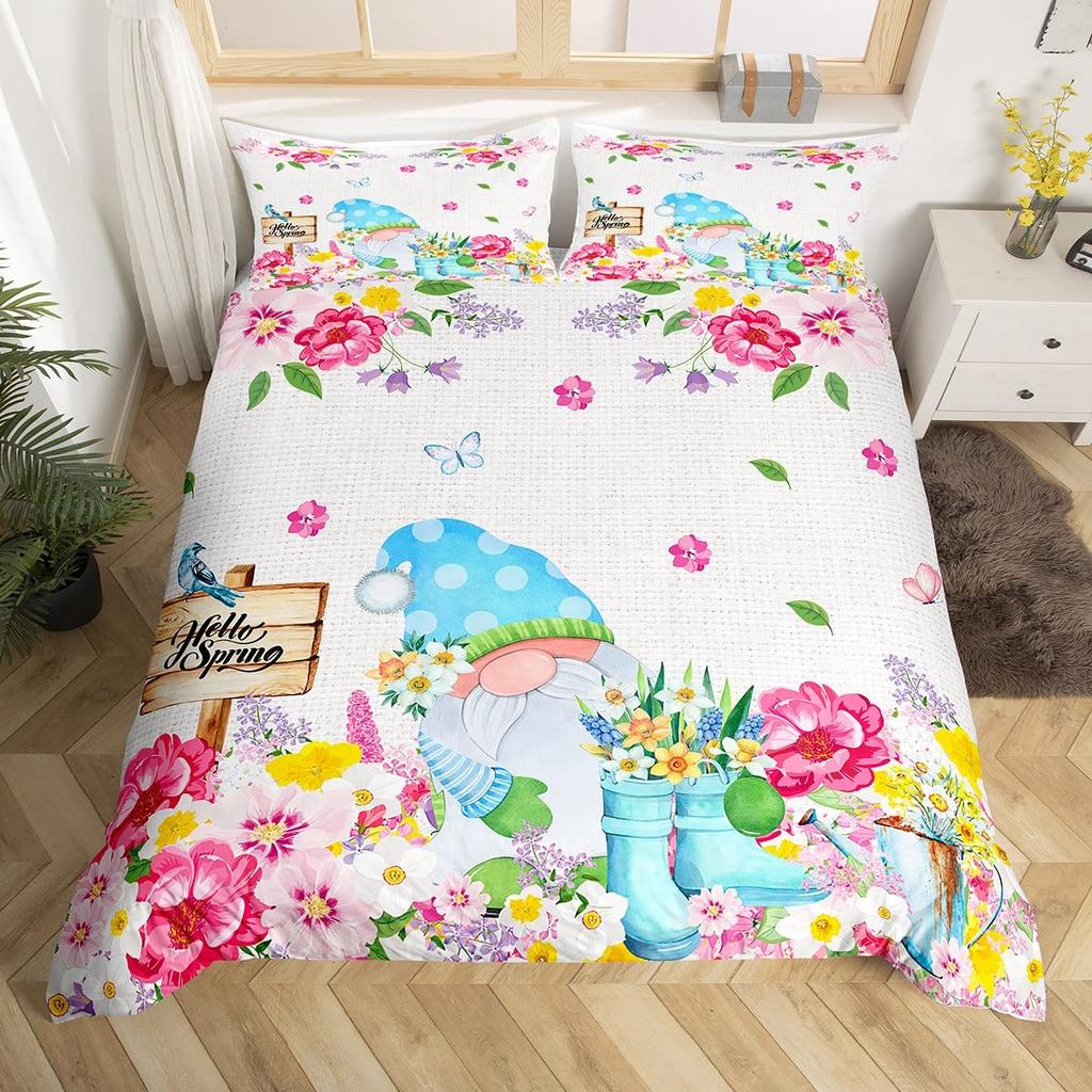 Cartoon Elf Duvet Cover Spring Garden Floral Bedding Set Botanical Flowers Quilt Cover Watercolor Printing Art Comforter Cover