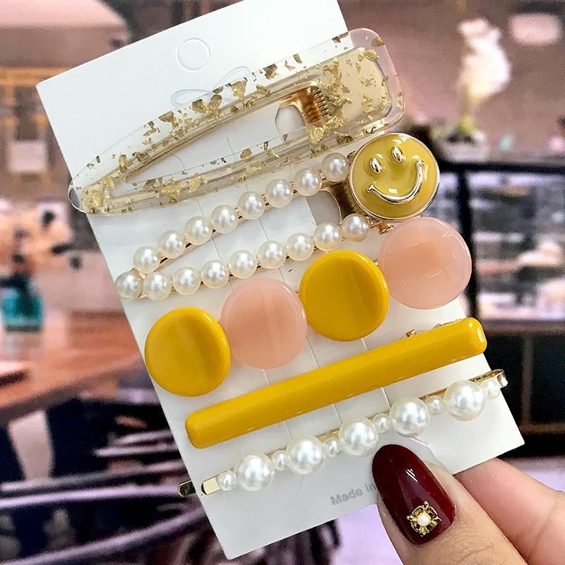 5Pcs/Set Fashion Smiley Pearl Hair Clip For Women Girl Geometric Acetate Barrettes Hairpin Headwear Hair Accessories  Trendy
