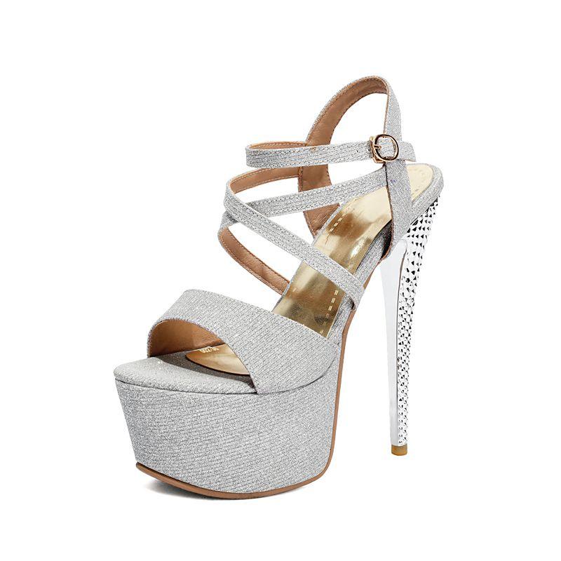 

Purple Women Sandals Round Toe 16.5cm Stiletto Heel 6.5cm Platform Buckle Strap Plus Size 45 46 47 Sexy Party Shoes 34 серебряный