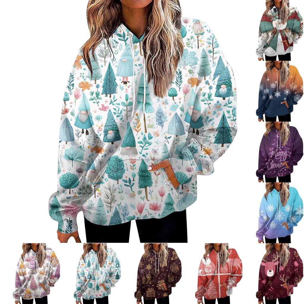 Women's Fashion Sweatshirt Christmas Print Casual Hooded Sweatshirt With Pockets