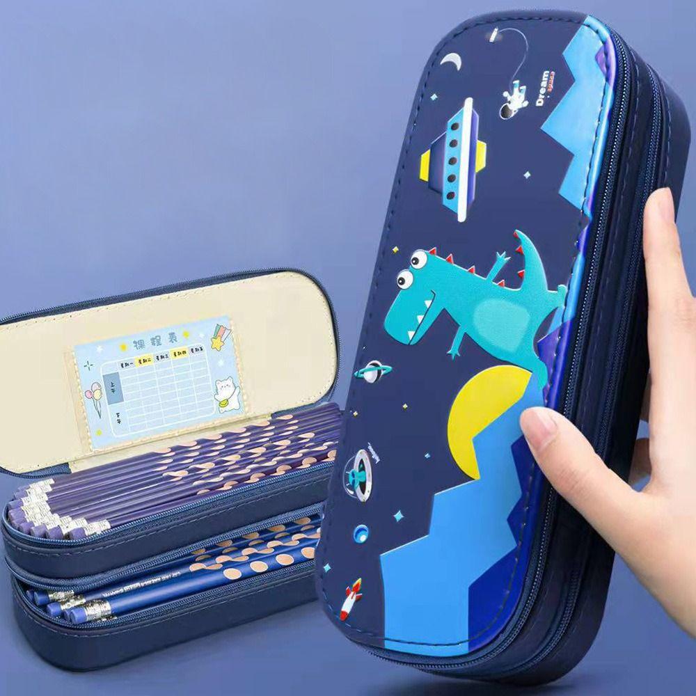 Large Capacity Cartoon Pencil Case Creative Double Layer PU Waterproof Stationery Box Student School Supplies