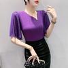2024 European Summer V-Neck T-Shirt: Chinese Style, Mesh Design, Lotus Leaf Sleeve, Hot Drilling, Slim Fit
