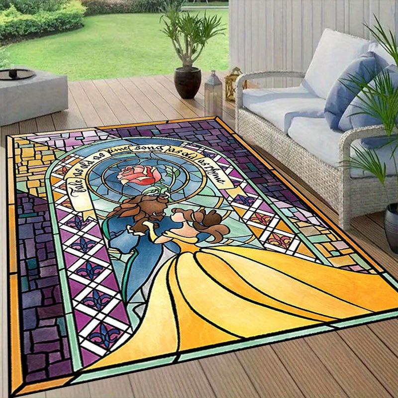 1ks Kobercový koberec s motivem Disney Kráska a zvíře, protiskluzový, ručně pratelný podlahový koberec, vhodný do obývacího pokoje, ložnice, domácí dekorace