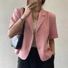 Women Cropped Short Sleeve Blazer Lapel Single Breasted Casual Office Suit Jacket Elegant Commuter Outerwear
