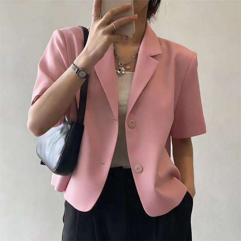 Women Cropped Short Sleeve Blazer Lapel Single Breasted Casual Office Suit Jacket Elegant Commuter Outerwear