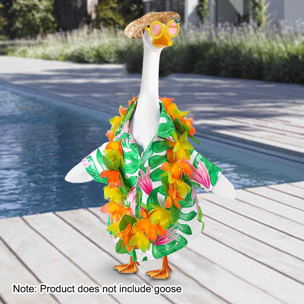 4 Pcs Hawaiian Porch Goose Outfits with Wreath Glasses Straw Hat Yard Goose Clothes Goose Costume for Luau Lawn Outdoor Decor
