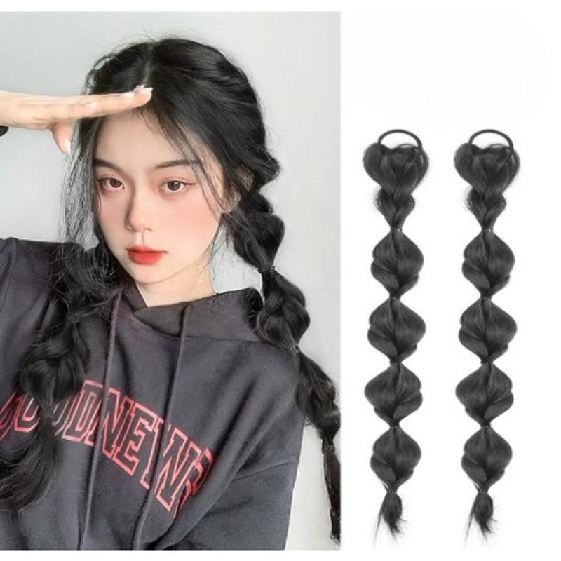 2 Pcs/set Synthetic Bubble Twist Ponytail High Elastic Wig Women Hair Side Natural Lantern Wig Braid Black Tail Hairpiece