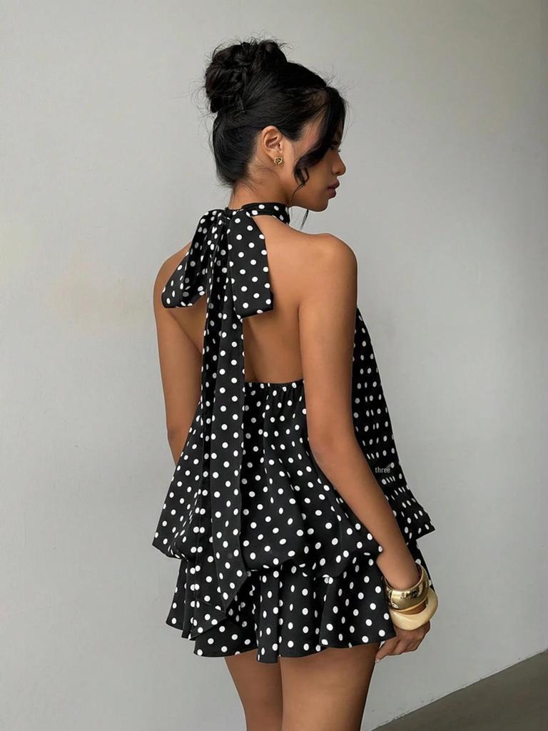 Chic Irregular Halterneck Backless Dress - Solid Color, Sleeveless, Short Skirt