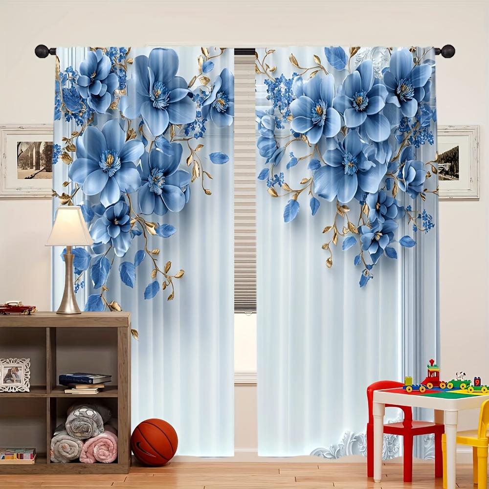 2pcs Elegant Blue Floral Print Curtains – Polyester Rod Pocket Panels for Dining Room   Bedroom & Living Room