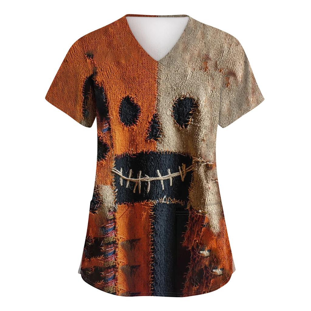 Women's Fashion Short Sleeve Halloween Print V-Neck Pocket Workwear Tops