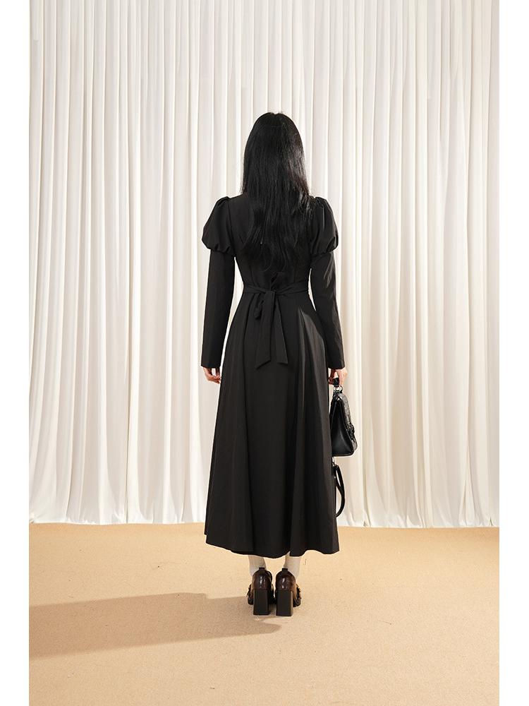 Gothic Lolita Retro Schwarz Farbblock Puffärmel Taillenbetonendes Langes Kleid