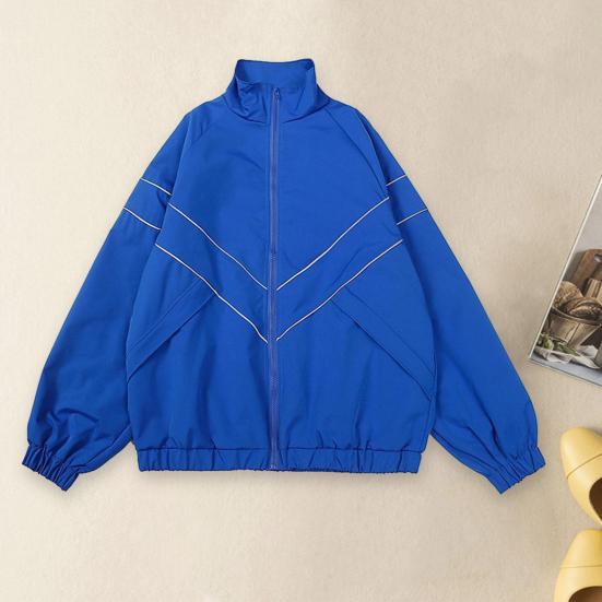 Men Spring Autumn Jacket Coat Stand Collar Long Sleeve Solid Color Reflective Striped
