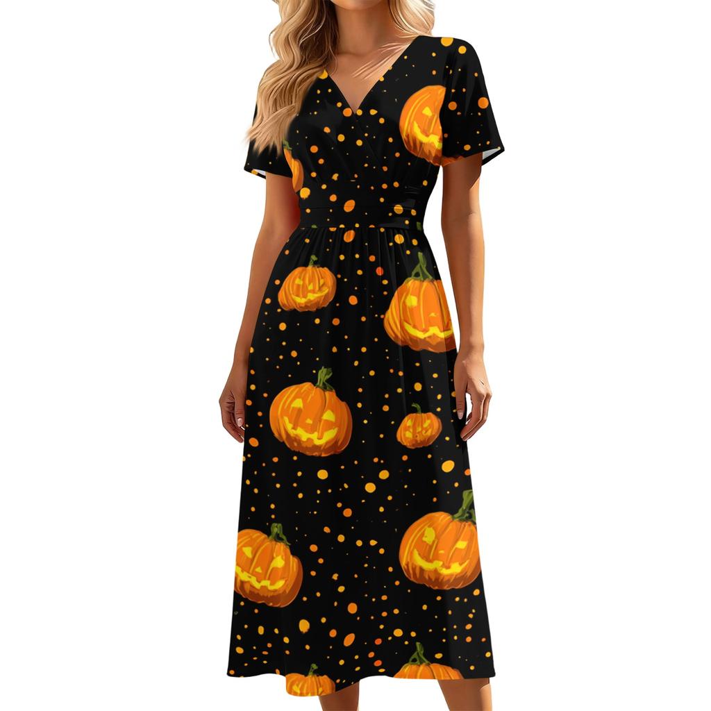 Women's V-Neck Short Sleeve Halloween Print Casual Dress for Halloween Party
