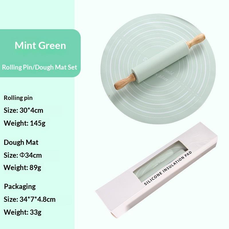 2Pcs/Set Reusable Thickened Rolling Pin Pastry Mat Set Round Silicone Kneading Pad Househeld Pastry Baking Dough Mat