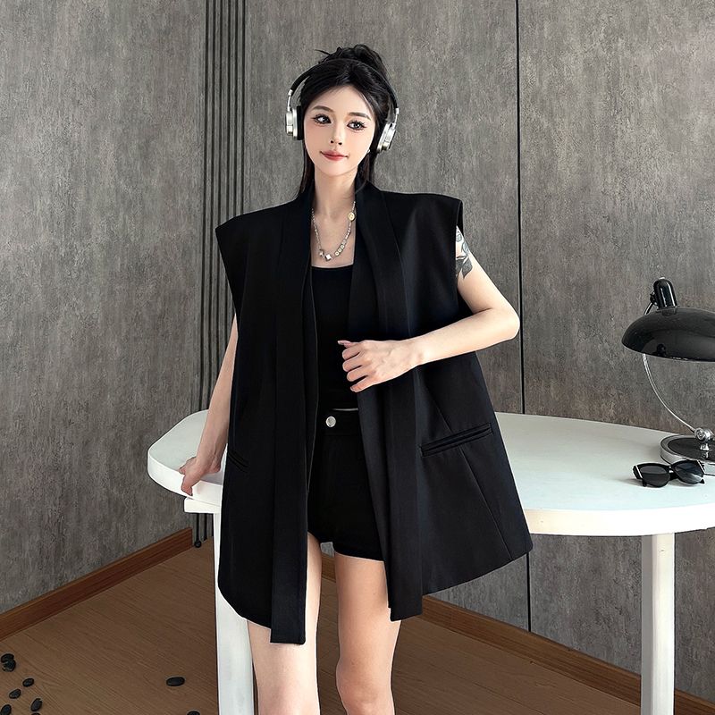 Women Summer High Sense Minimalist Sleeveless Blazer Fashionable Collarless Vest Blazer Jacket Casual Trendy Outerwear Top