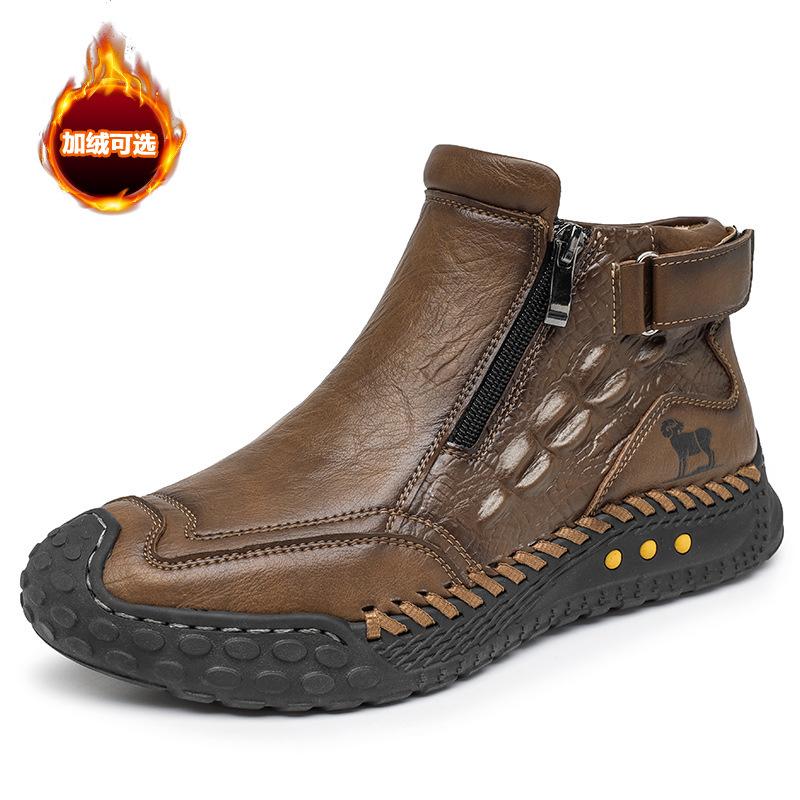New Handmade Leather Men's Shoes with Zipper Design Outdoor Sneakers Casual Flat Shoes Men Work Shoe Ankle Boots Shoes for Men