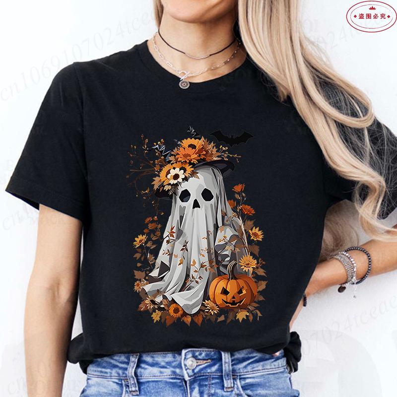 Halloween Boo with Pumpkin Print Womens TShirts Crew Neck TShirt Short Sleeve Casual Top for Spooky Season Womens Clothing