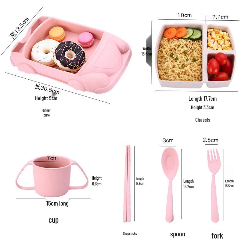 Wheat Cartoon Car Kids' Tableware Set: Divided Plate, Chopsticks, Fork, Spoon, Cup.