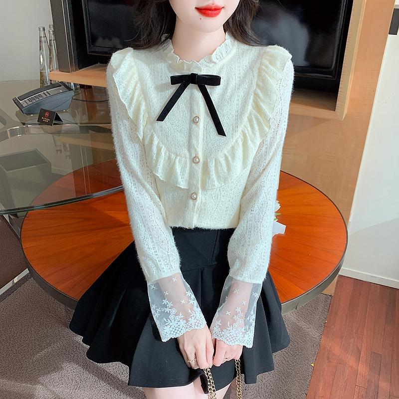 Winter Fashion New 2024 Long Sleeve Bow Ruffled Collar Ruffles Apricot Velvet Lace Blouse Shirt Women Tops Blouses Shirts J795