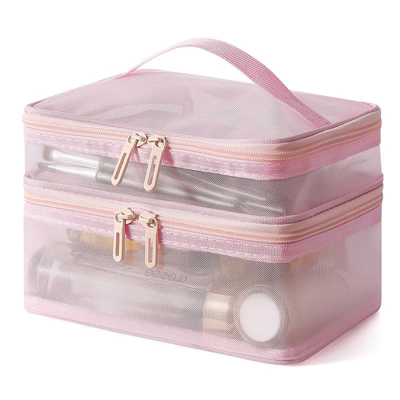 Breathable Mesh Cosmetic Bag Large Capacity Double Layer Anti-scratch Makeup Organizer for Business Trip Daily Travel