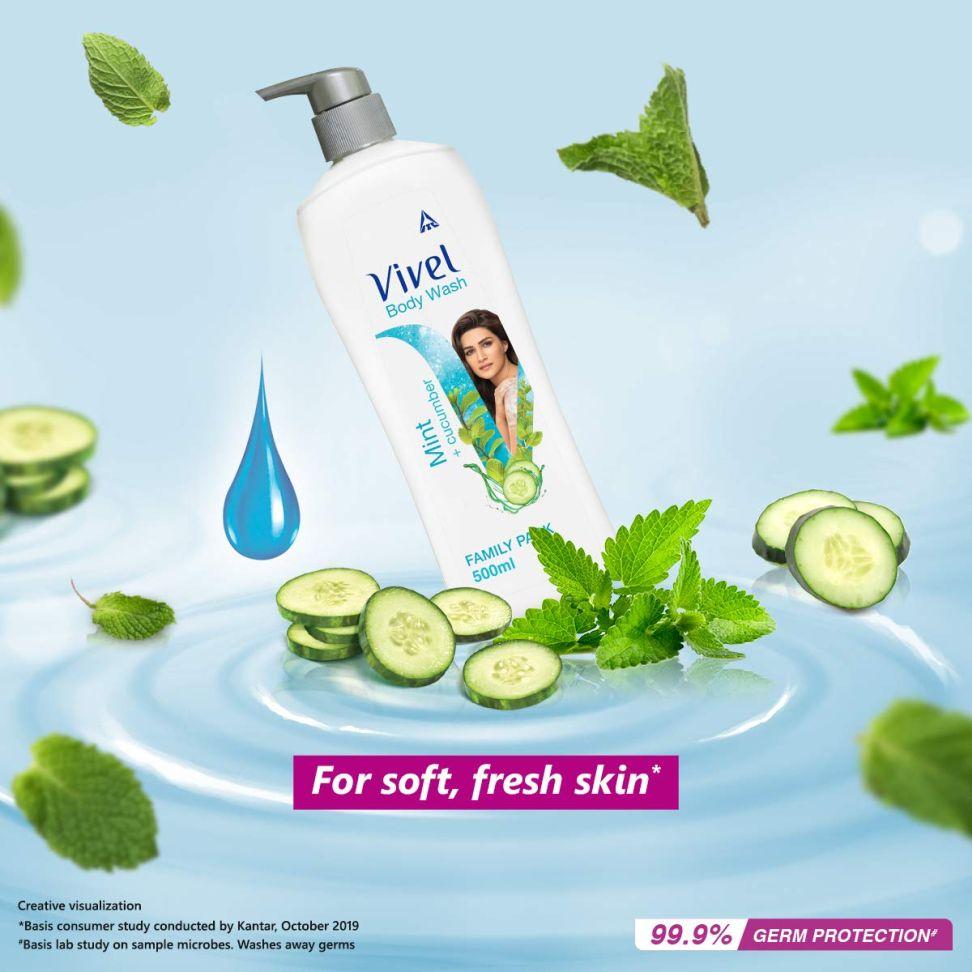 Vivel Body Wash, Mint & Cucumber Shower Creme, Cooling And Moisturising, For Soft And Smooth Skin, High Foaming Formula, 500ml Pump