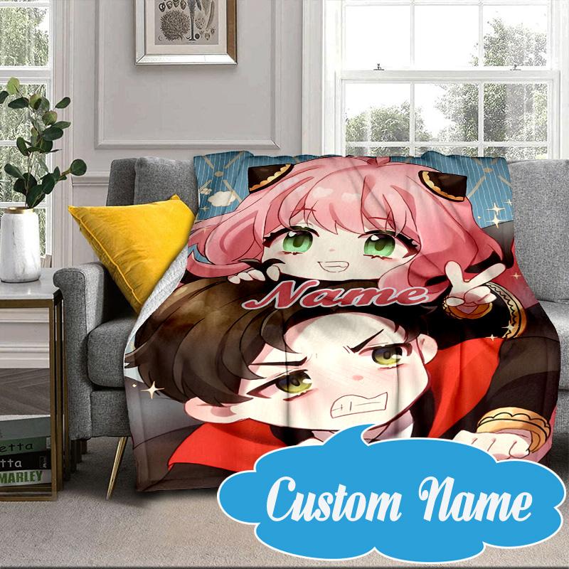 Custom Name Pink Hair Anime Anya Blanket Bed Sofa Blanket Flannel Blanket for Camping, Hiking, Picnic Essentials,gift for Fan Family