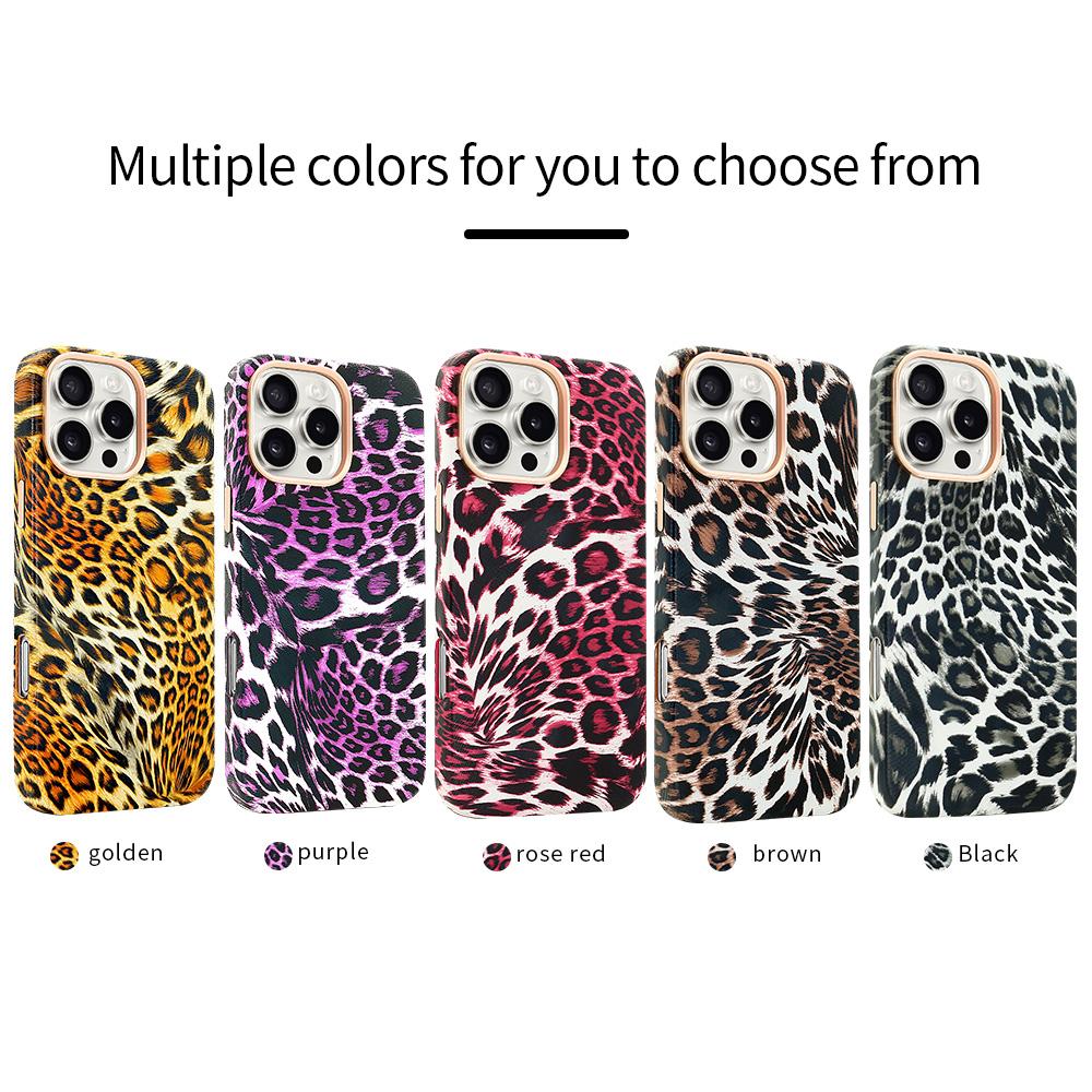 VIETAO Leopardenmuster PU-Leder Magnetische Kabellose Ladefunktion Handyhülle Für iPhone 16 15 Pro Max, 15 pro 16 pro Hülle, Schwarz