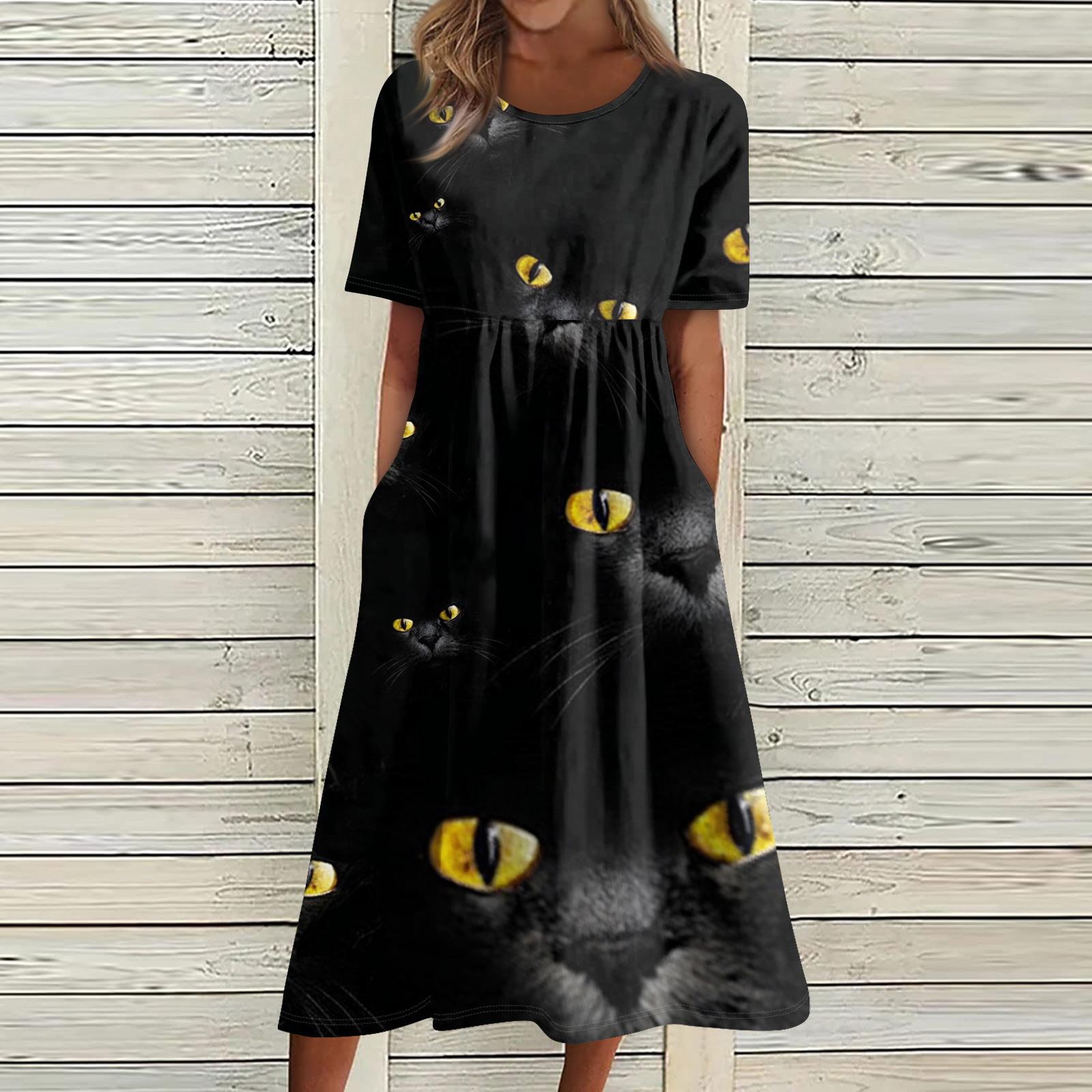 Summer Dress For Women Casual Printed Short-Sleeve Beach Swing Dress L чёрный