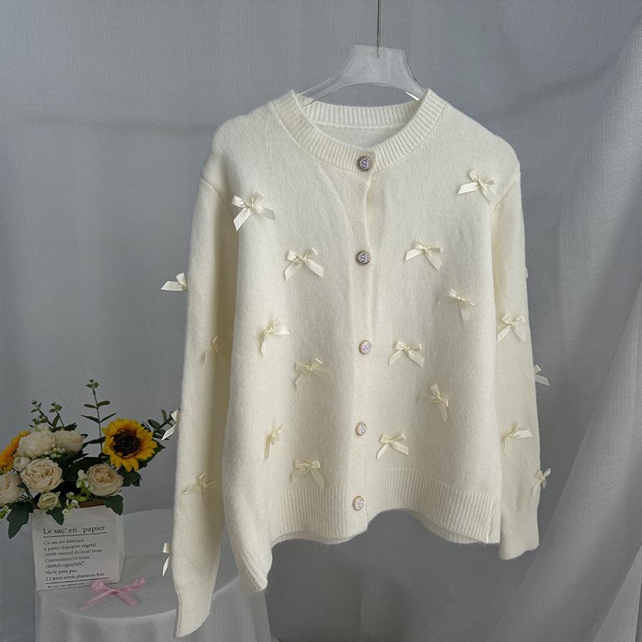 Women's 3D Bow Sweater 2026 New Fall Winter Long Sleeve Cardigan Cute Knit Top White S