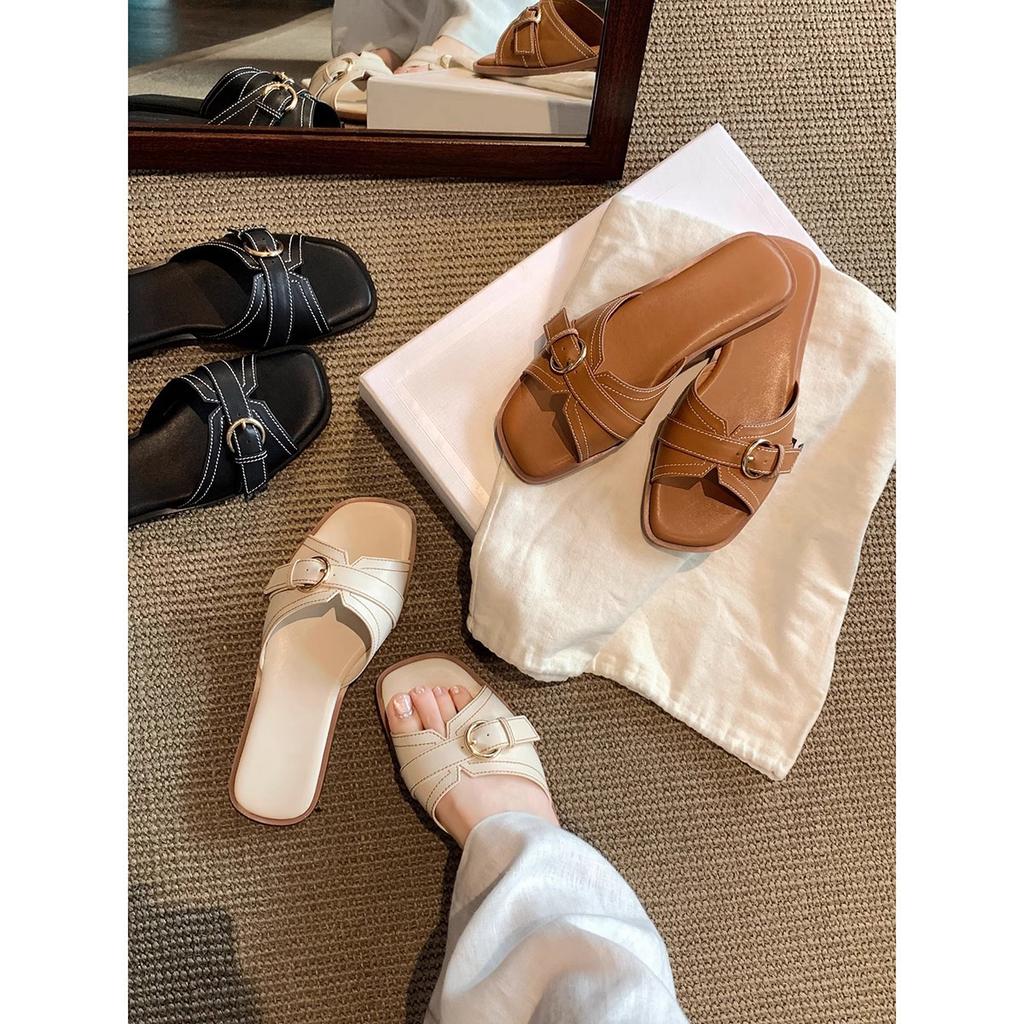 Flat bottom small fragrant wind one pedal niche retro oblique cut square head bright line belt buckle low heel cool slippers female summer