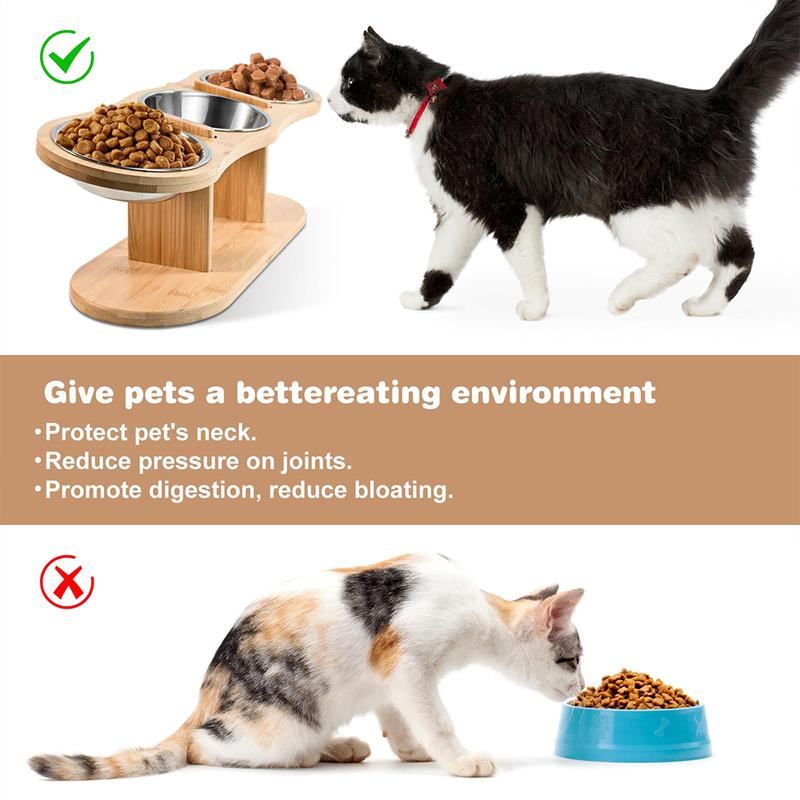 Raised Cat Feeder 3 Bowls in 1 Feeding & Watering Supplies 15° Raised Puppy 3 Stainless Steel Bowls Wood Stand Cats Accessories