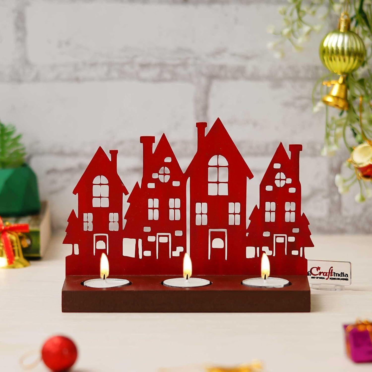 

Merry Christmas Tower Decorative Tea Light Candle Holders (Wooden Red)| Christmas Decoration Items for Home Living Room Office Decor