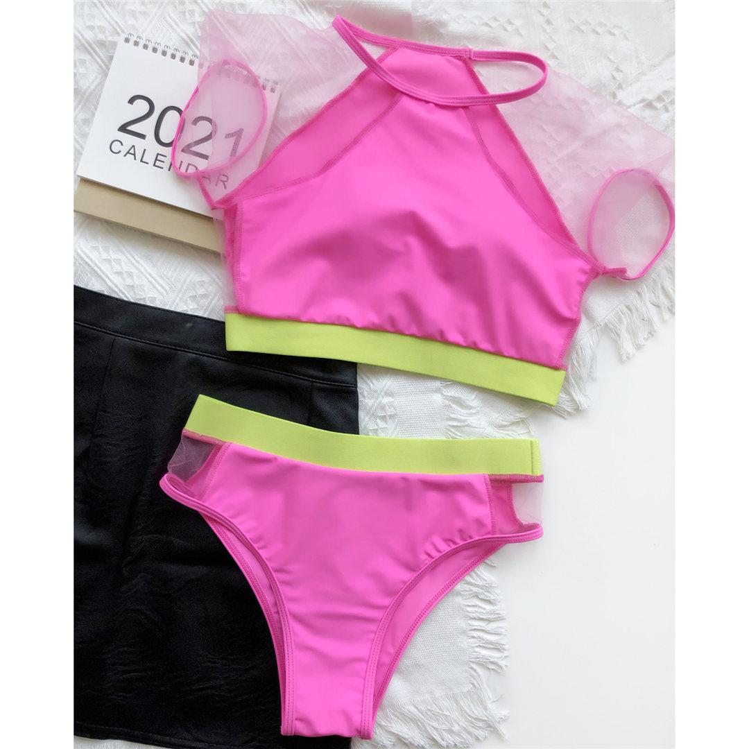 

Сетчатый женский купальник с коротким рукавом и высокой талией, женский купальник из двух частей, комплект бикини, купальный костюм L розовый