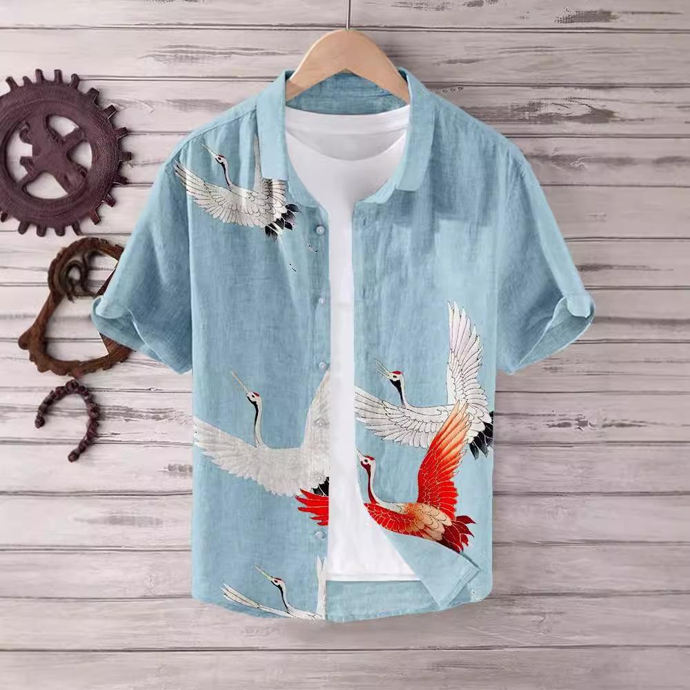 Direct Sales of National Style Short-sleeved Shirts Men's Tops Wholesale Cardigan 1D Digital Printing National Trend