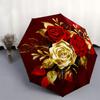 Golden Red Rose Bouquet Circular Wall Art Print Poster Umbrella, Cute Umbrella with Cute Design, Portable 3-Fold Compact Umbrella for Men & Women, Val