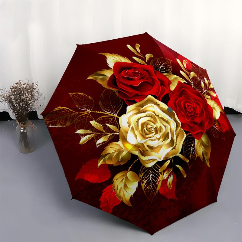 Golden Red Rose Bouquet Circular Wall Art Print Poster Umbrella, Cute Umbrella with Cute Design, Portable 3-Fold Compact Umbrella for Men & Women, Val