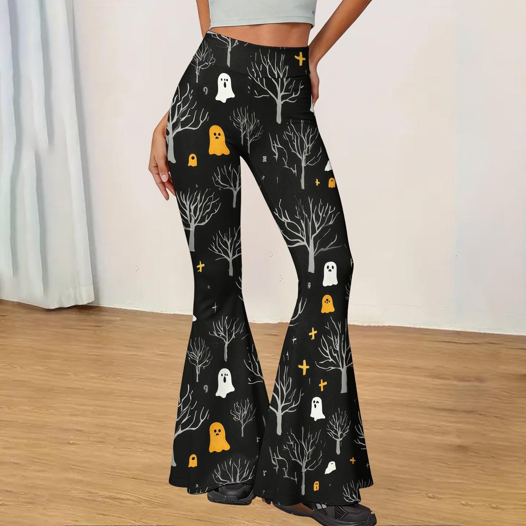 Women's Casual Halloween Print Flared Yoga Pants High Waist Stretchy Bootcut Leggings for Everyday Wear