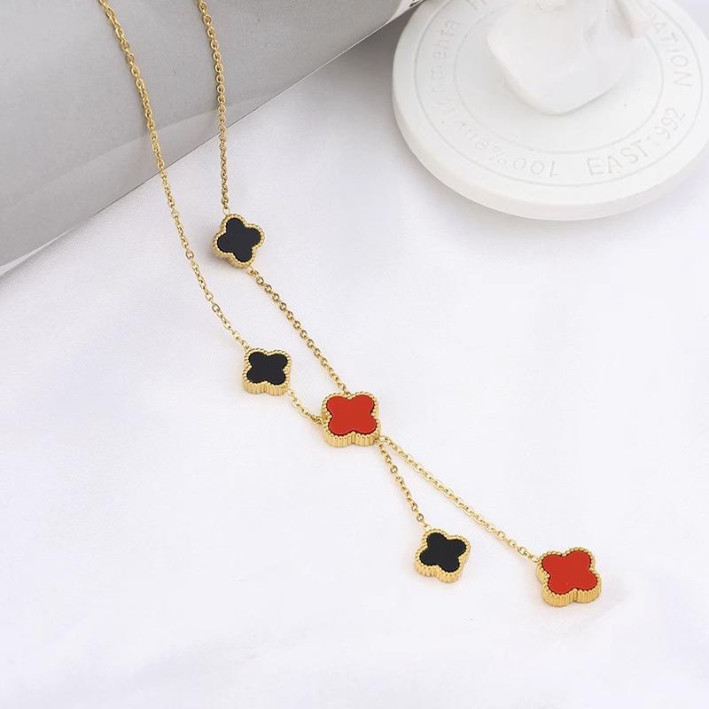 High-Grade Four-Leaf Clover Necklace Lucky Grass Necklace Five Flowers Jumper Chain Female Double-Sided Titanium Steel Necklace