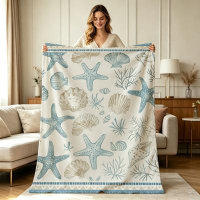 Soft Cozy Flannel Throw Blanket Coastal Starfish Seashell Coral Printed All Season Lightweight Warm Blanket for Sofa Couch Bed Living Room Bedroom Off