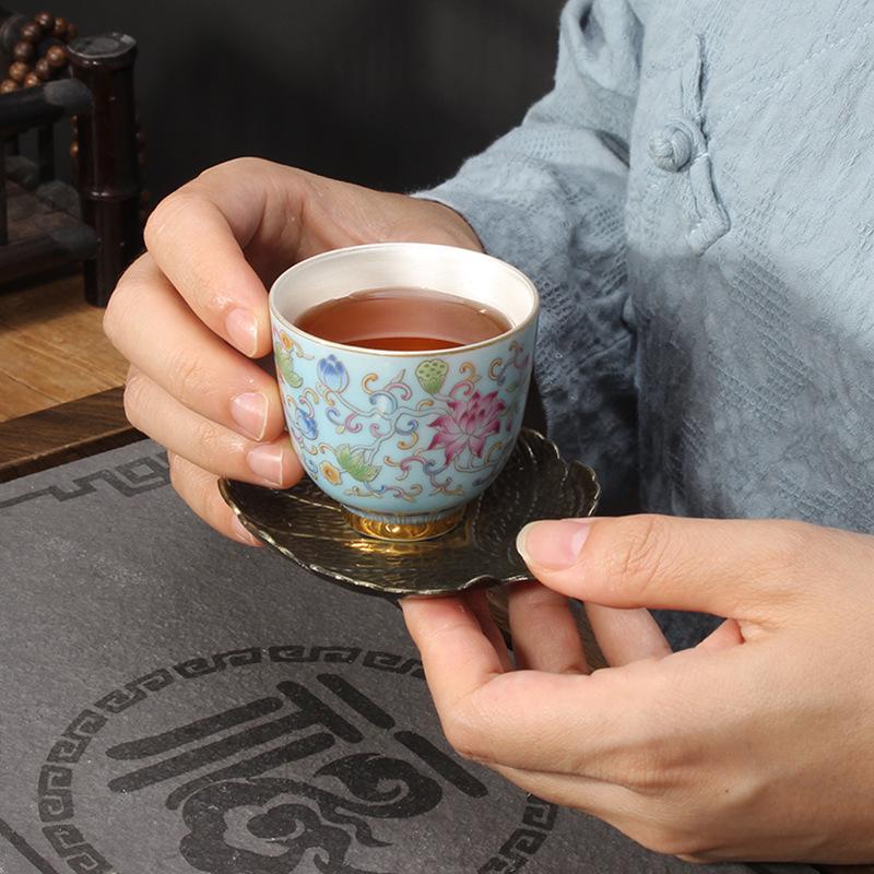 6Pcs silver mouth cup sterling silver tea set,  teacup kung fu enamel colored silver  bag  liner master