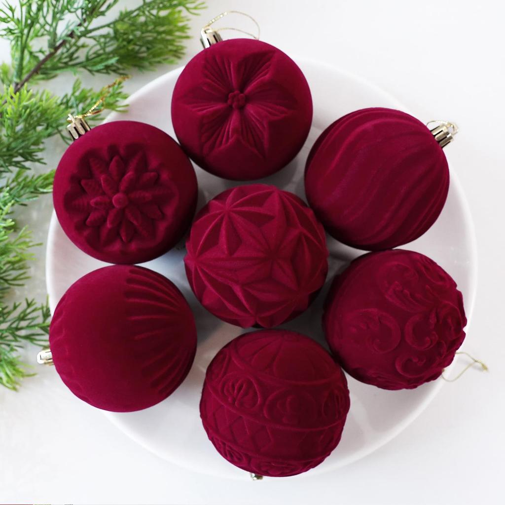 Flocked Velvet Christmas Ball Set - Embossed Decorative Tree Ornaments