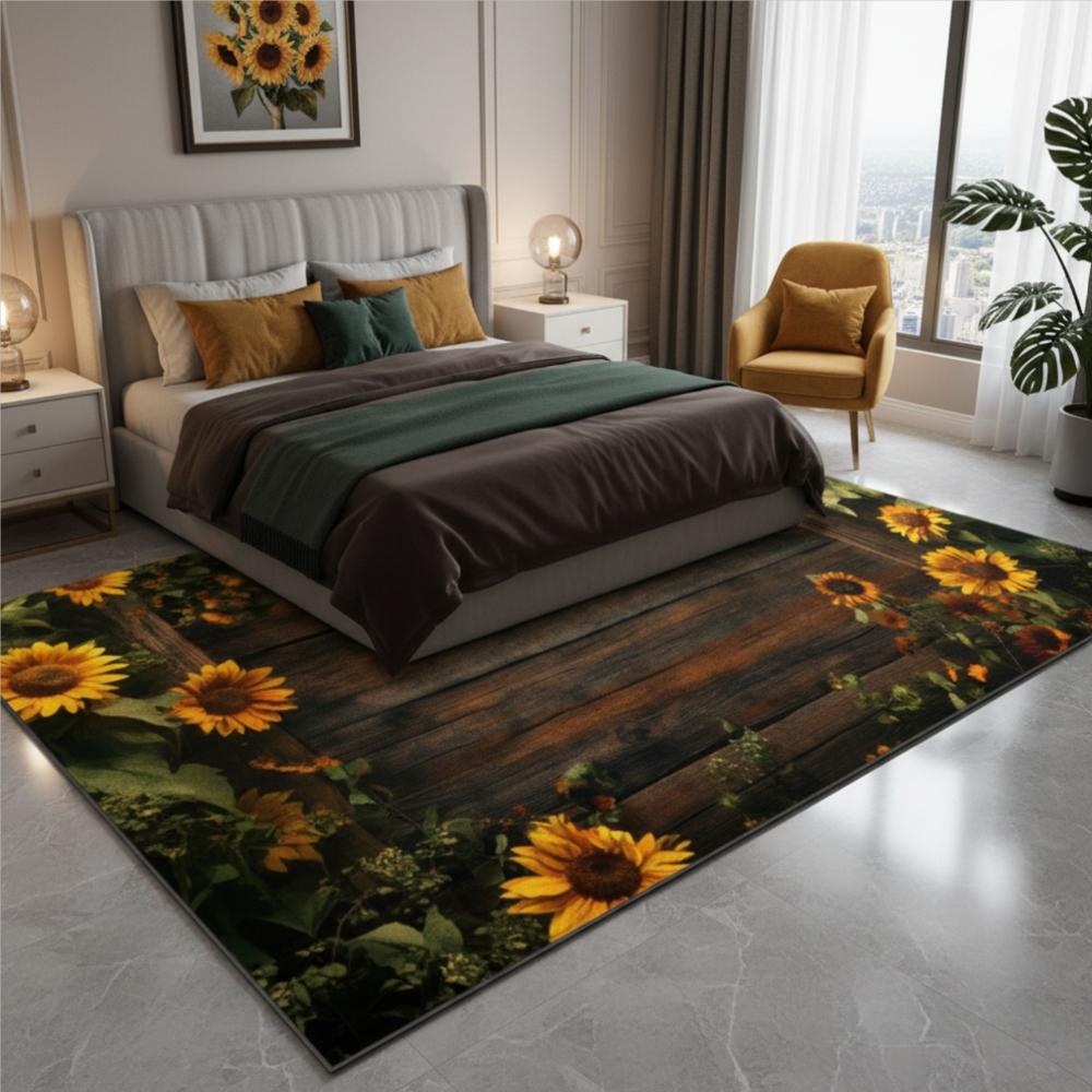 Washable Sunflower Wood Grain Patterned Rugs for Living Rooms, Bathroom Mats, Room Decorations, Large Soft Carpets for Bedrooms
